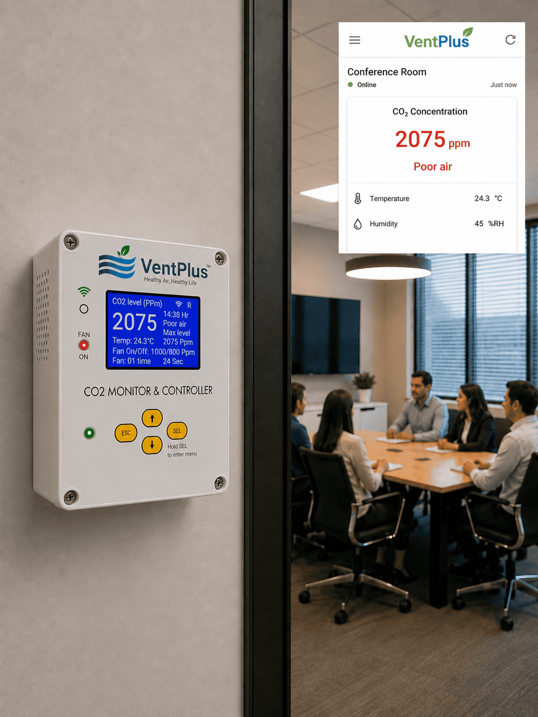 VentPlus CO₂ monitor and controller installed in an office — exhaust fan connected to the AC socket